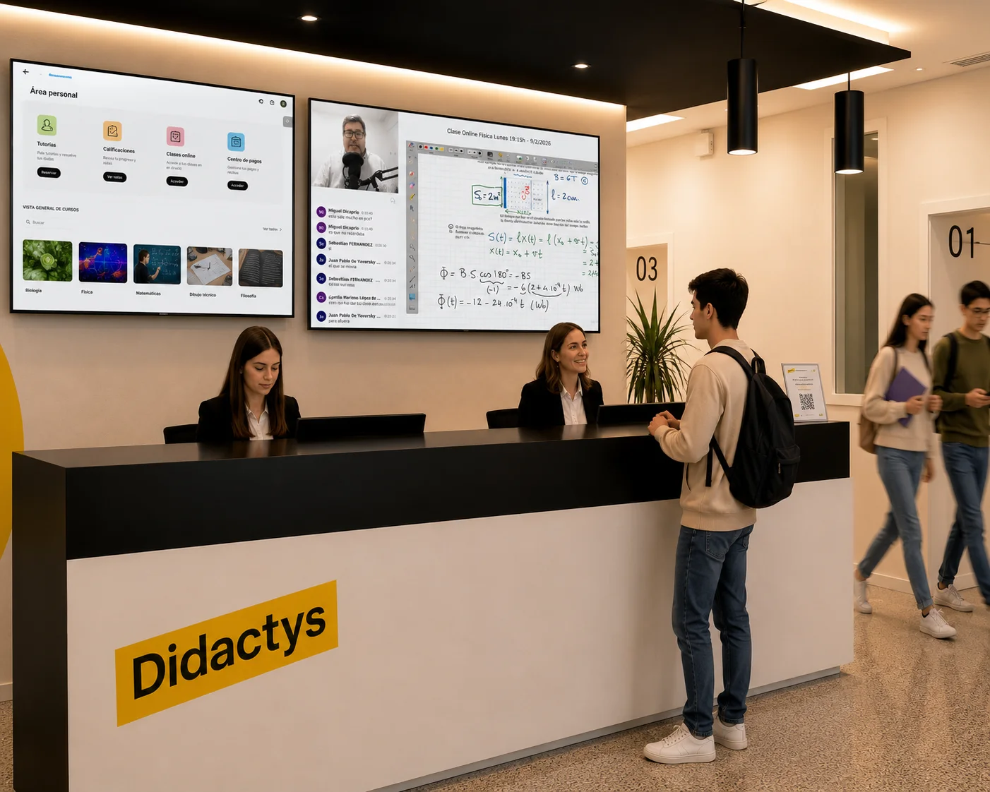 Interior Academia CFA — Recepción con alumno y pantallas Didactys